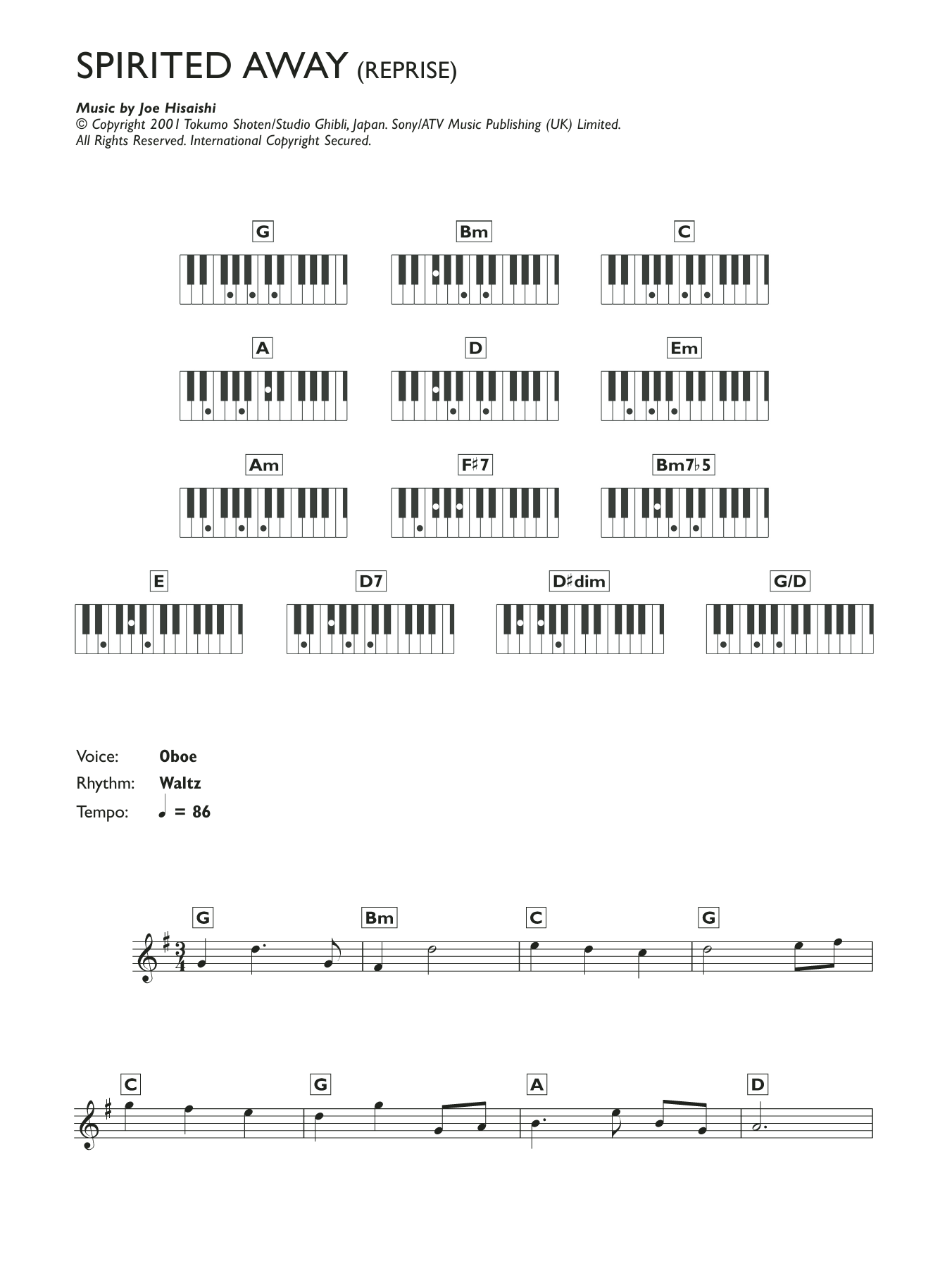 Joe Hisaishi Reprise (from Spirited Away) sheet music notes and chords arranged for Beginner Piano