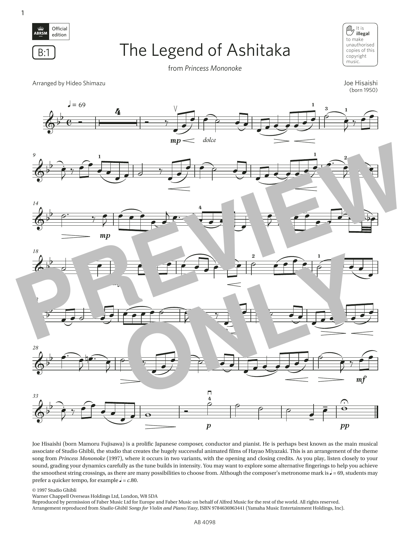 Joe Hisaishi The Legend of Ashitaka (Grade 4, B1, from the ABRSM Violin Syllabus from 2024) sheet music notes and chords arranged for Violin Solo