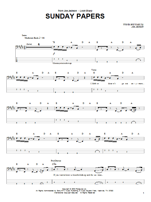 Joe Jackson Sunday Papers sheet music notes and chords arranged for Bass Guitar Tab