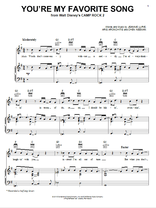 Joe Jonas You're My Favorite Song (from Camp Rock 2) sheet music notes and chords arranged for Piano, Vocal & Guitar Chords (Right-Hand Melody)