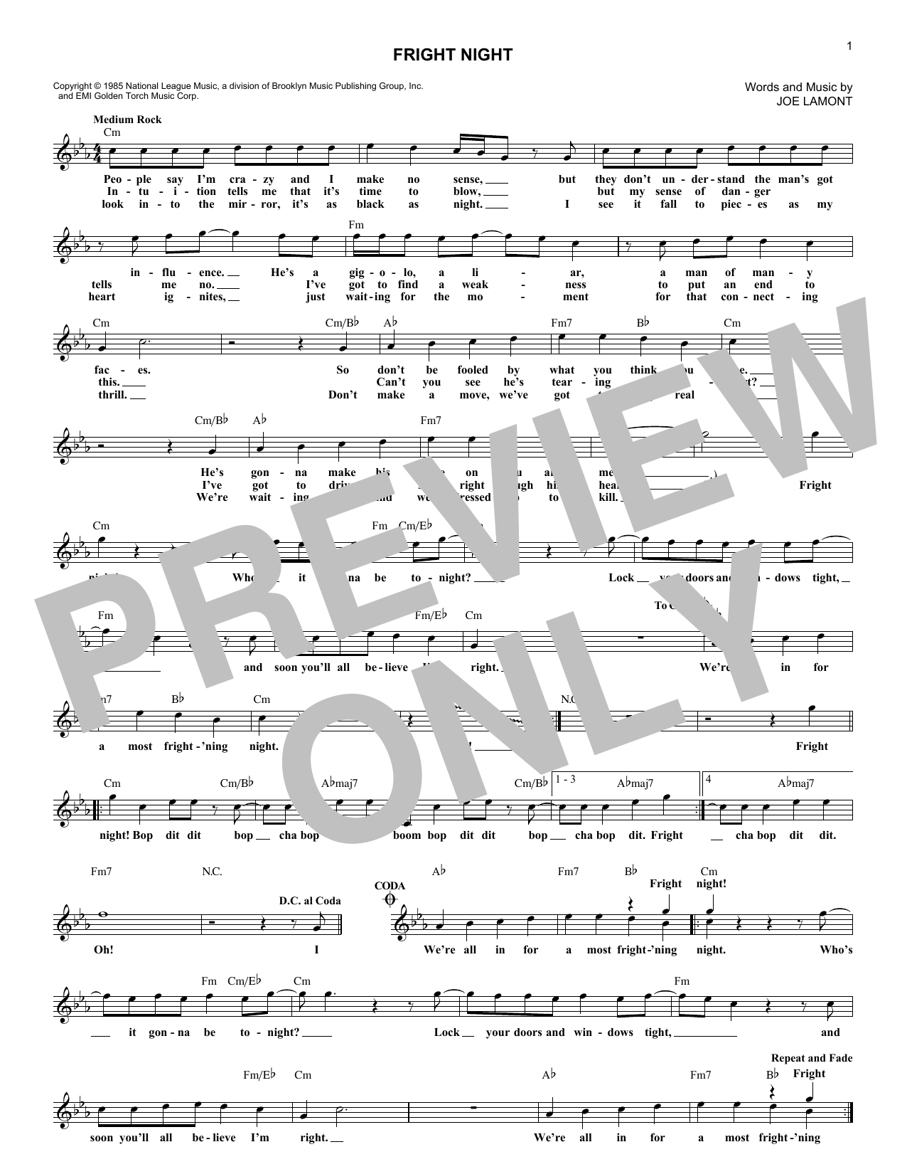 Joe Lamont Fright Night sheet music notes and chords arranged for Lead Sheet / Fake Book