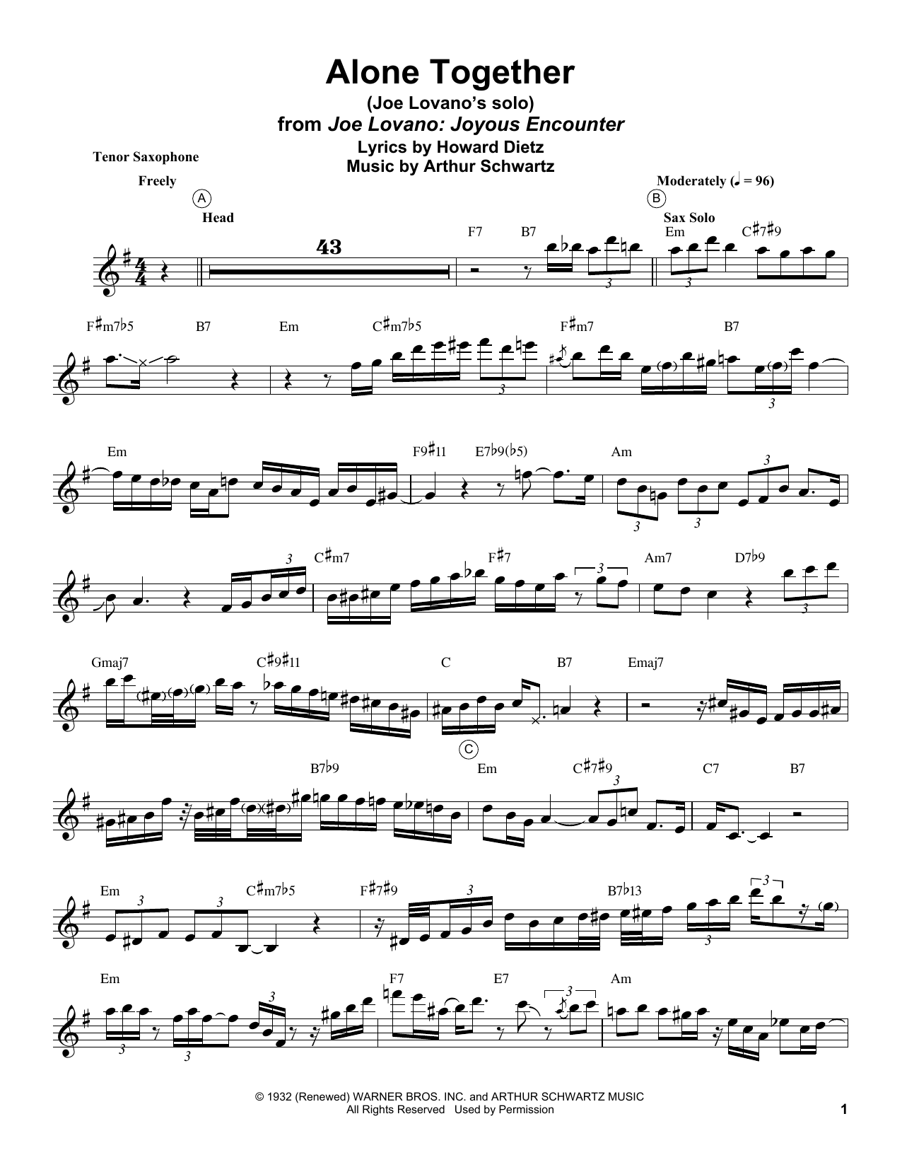 Joe Lovano Alone Together sheet music notes and chords arranged for Tenor Sax Transcription