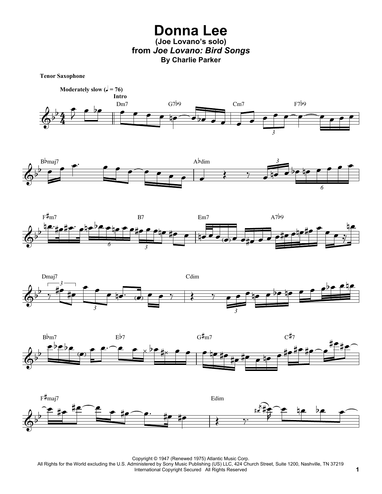 Joe Lovano Donna Lee sheet music notes and chords arranged for Tenor Sax Transcription