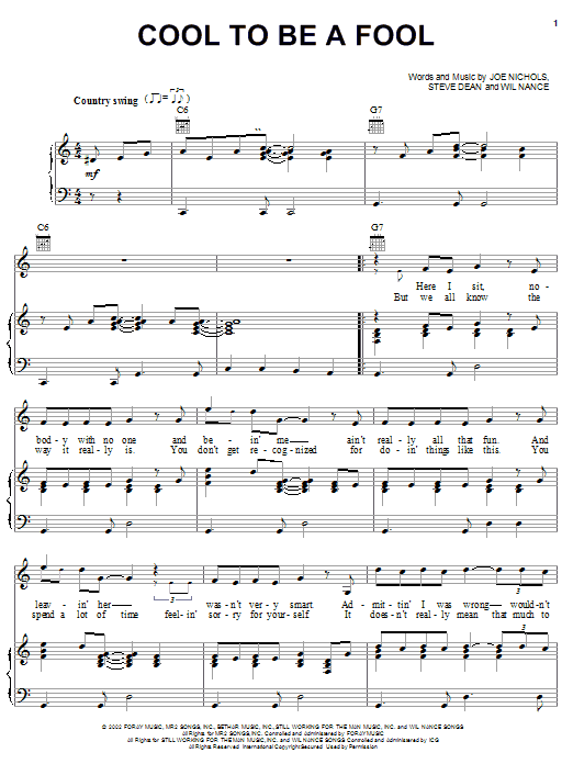 Joe Nichols Cool To Be A Fool sheet music notes and chords arranged for Piano, Vocal & Guitar Chords (Right-Hand Melody)