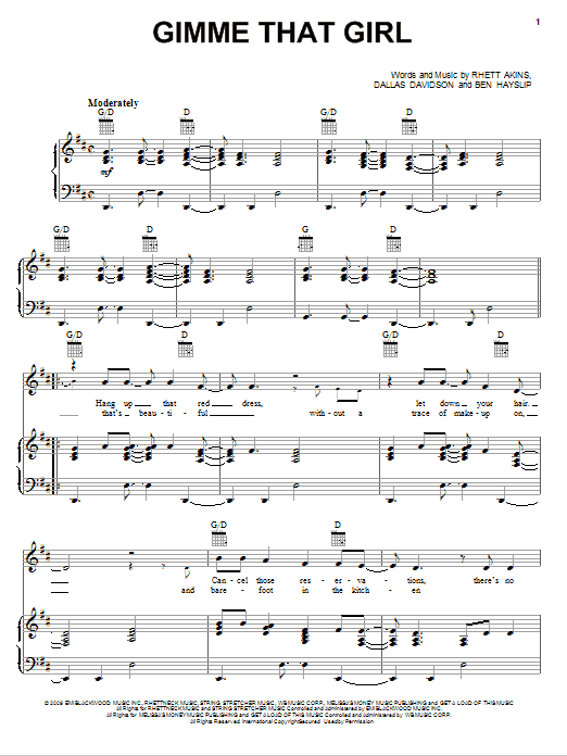 Joe Nichols Gimme That Girl sheet music notes and chords arranged for Piano, Vocal & Guitar Chords (Right-Hand Melody)