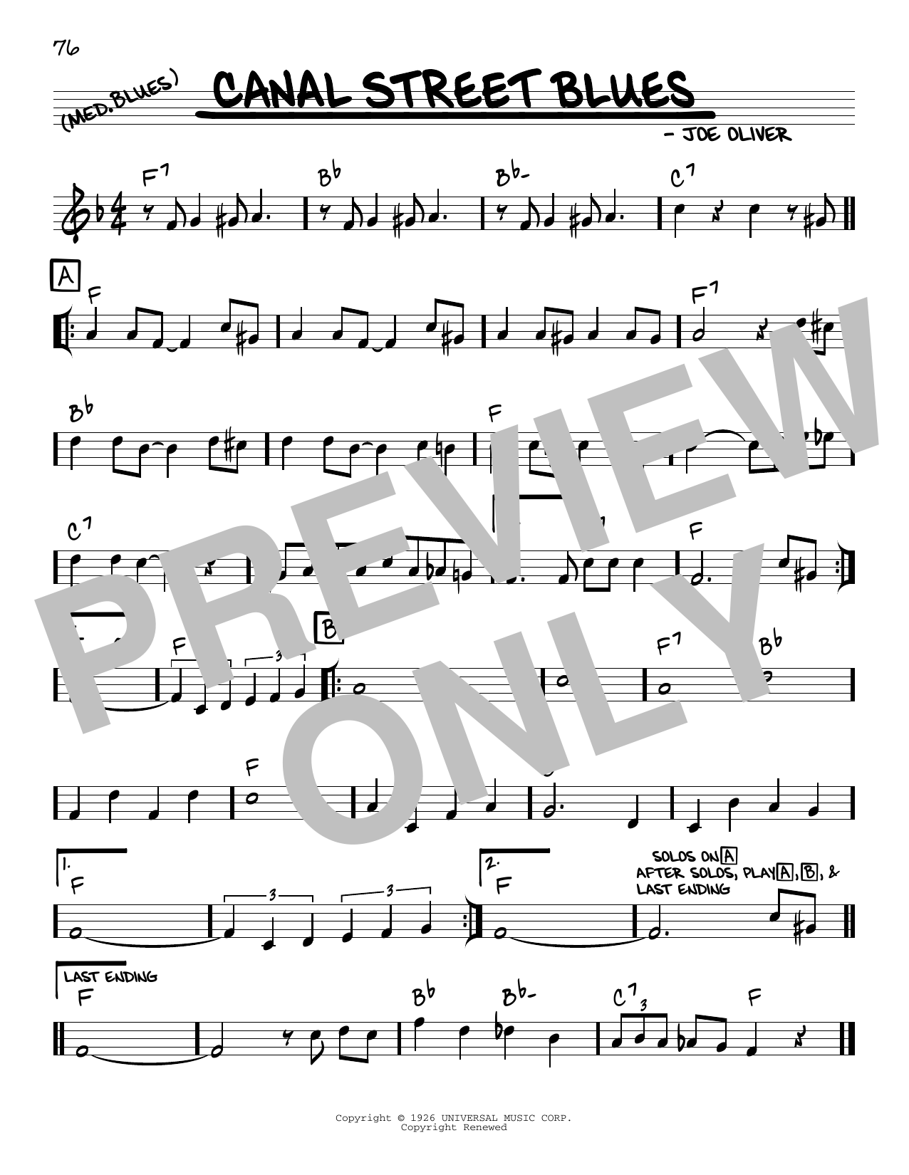 Joe Oliver Canal Street Blues (arr. Robert Rawlins) sheet music notes and chords arranged for Real Book – Melody, Lyrics & Chords