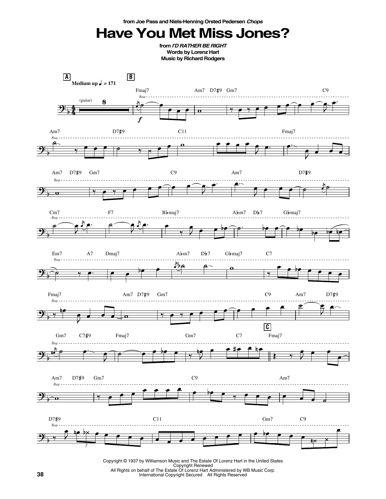 Joe Pass and Niels-Henning Orsted Pedersen Have You Met Miss Jones? sheet music notes and chords arranged for String Bass Transcription