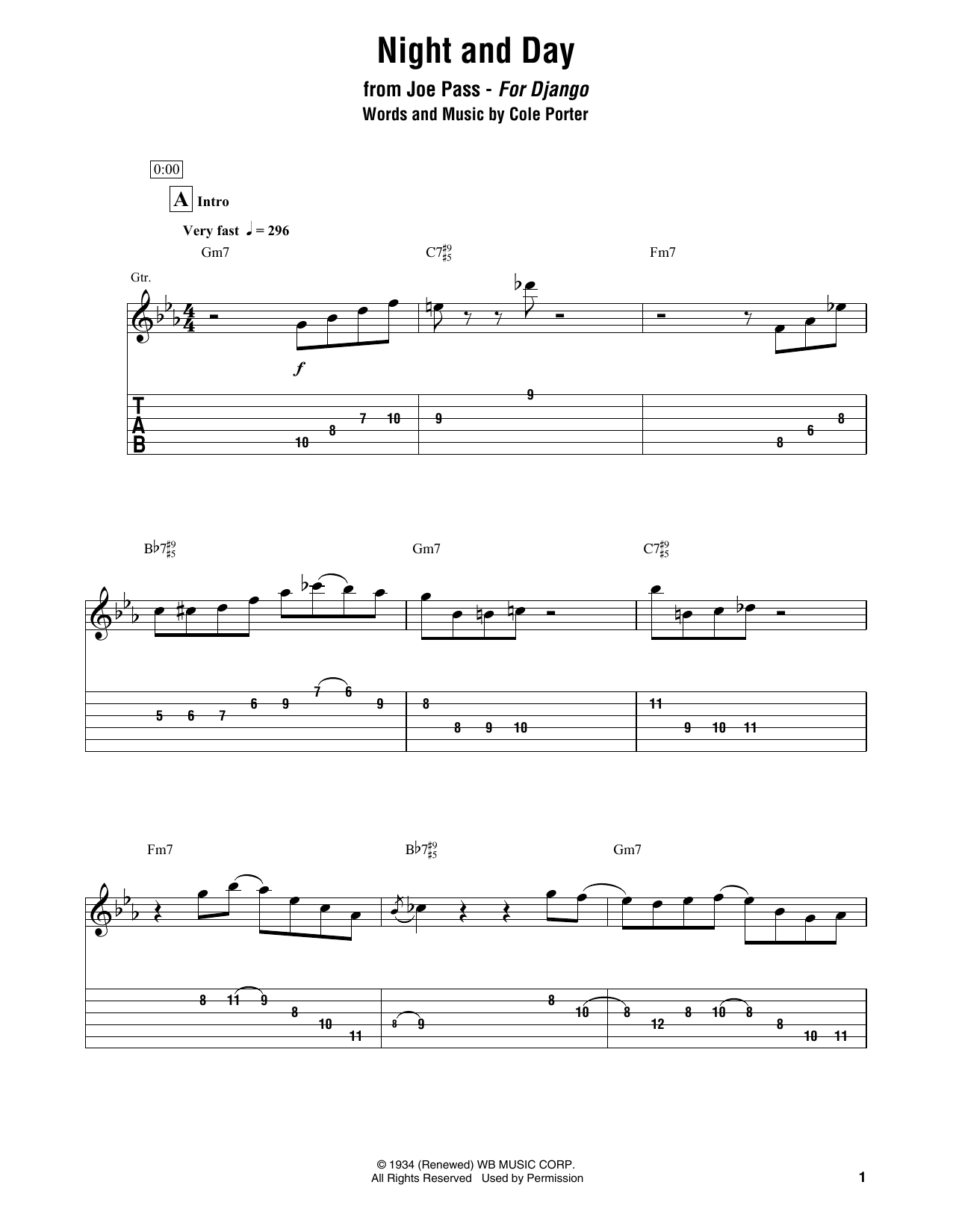 Joe Pass Night And Day sheet music notes and chords arranged for Electric Guitar Transcription