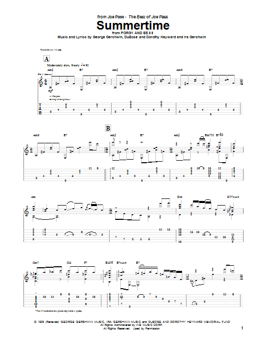 Joe Pass Summertime sheet music notes and chords arranged for Guitar Tab