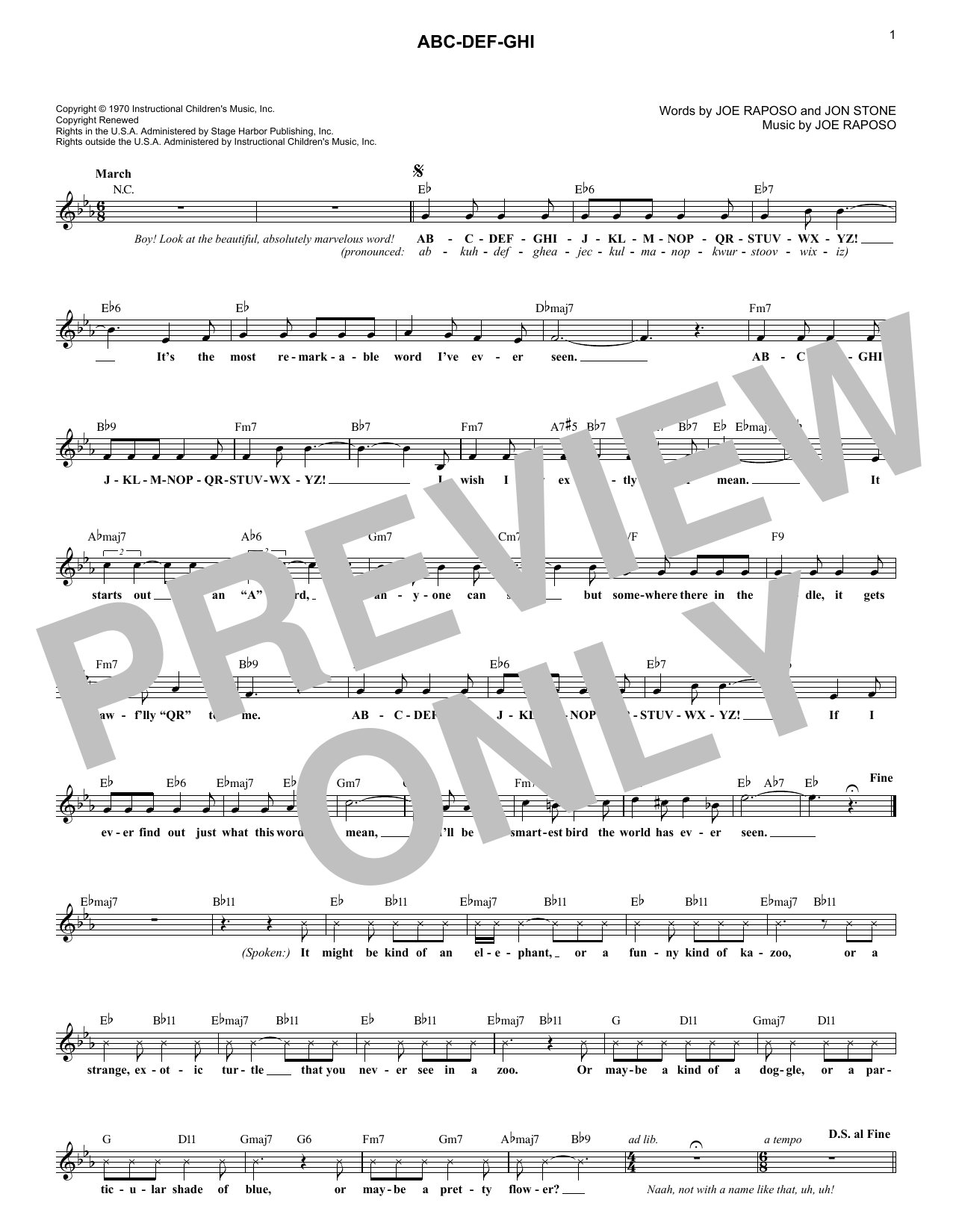 Joe Raposo ABC-DEF-GHI sheet music notes and chords arranged for Lead Sheet / Fake Book