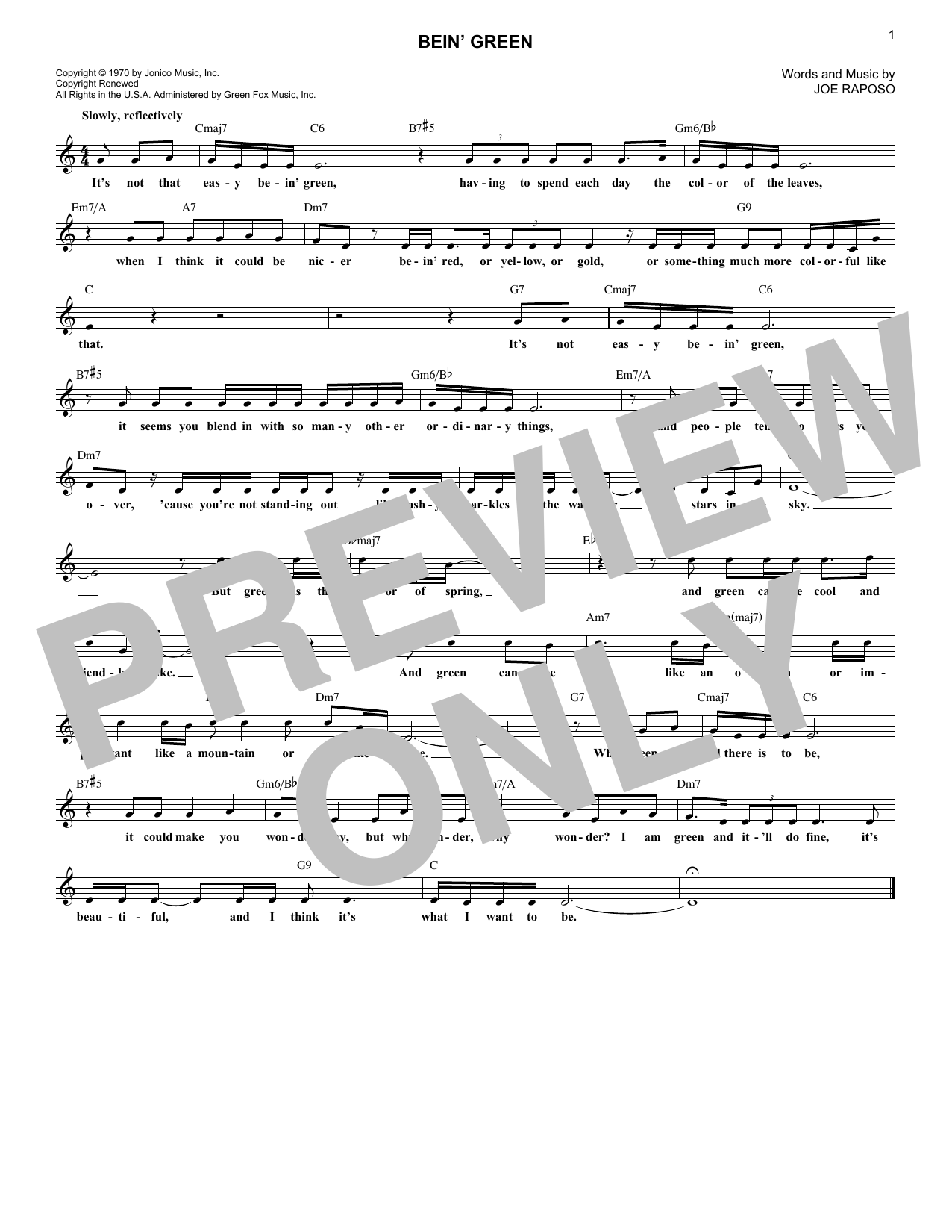 Joe Raposo Bein' Green sheet music notes and chords arranged for Lead Sheet / Fake Book