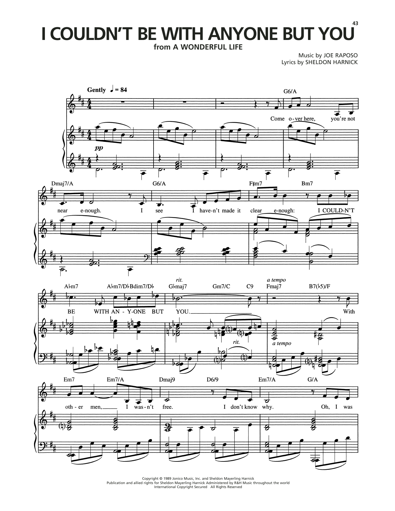 Joe Raposo I Couldn't Be With Anyone But You (from A Wonderful Life) sheet music notes and chords arranged for Piano, Vocal & Guitar Chords (Right-Hand Melody)