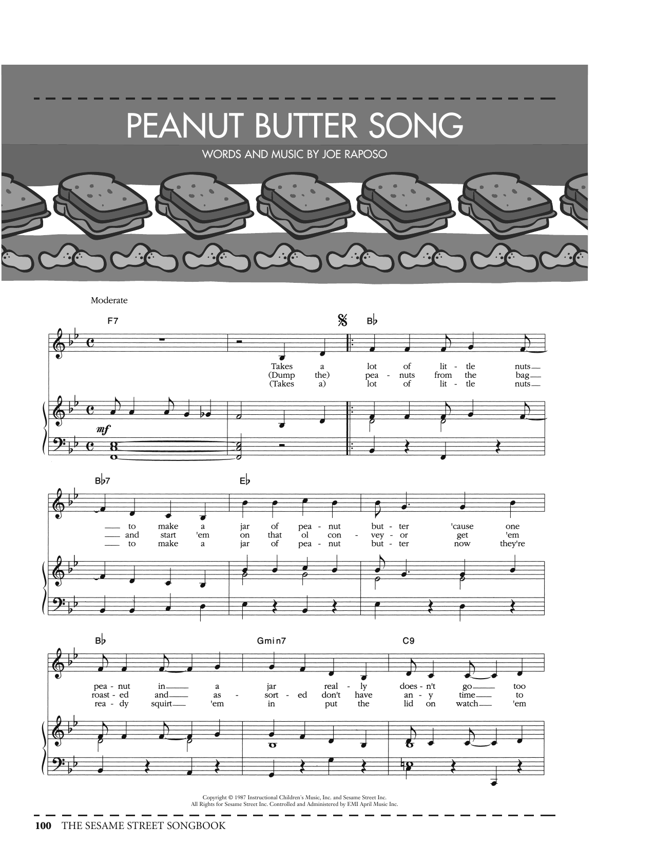 Joe Raposo Peanut Butter Song (from Sesame Street) sheet music notes and chords arranged for Piano, Vocal & Guitar Chords (Right-Hand Melody)