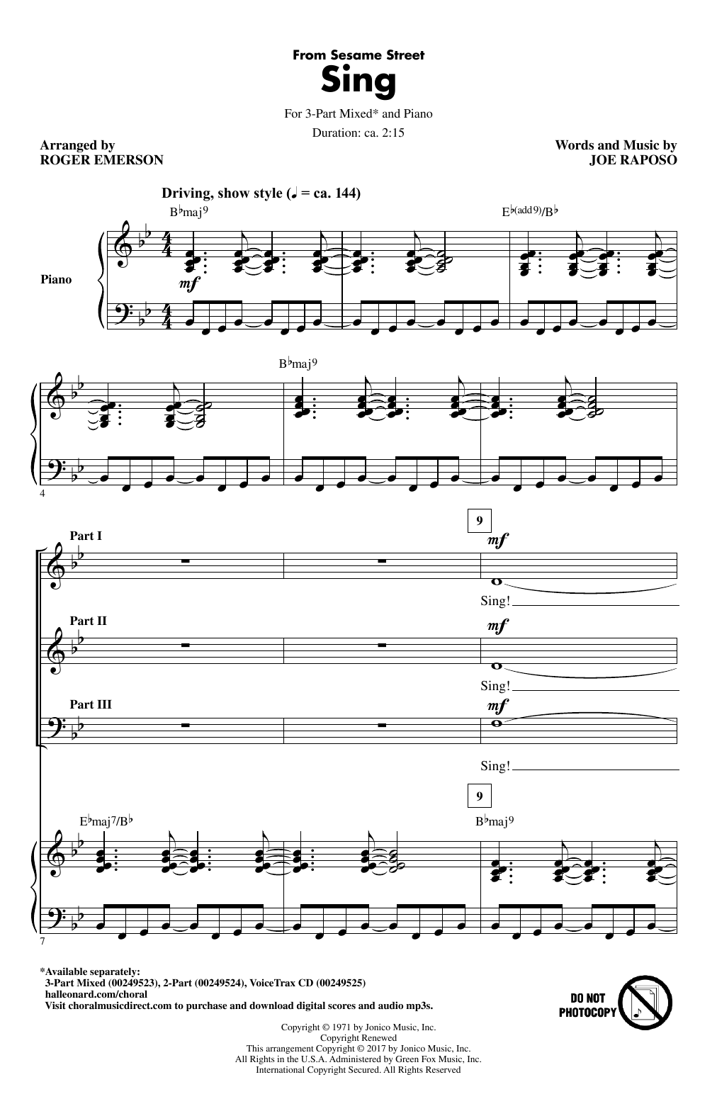 Joe Raposo Sing (from Sesame Street) (arr. Roger Emerson) sheet music notes and chords arranged for 3-Part Mixed Choir