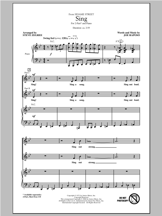 Joe Raposo Sing (from Sesame Street) (arr. Steve Zegree) sheet music notes and chords arranged for 2-Part Choir