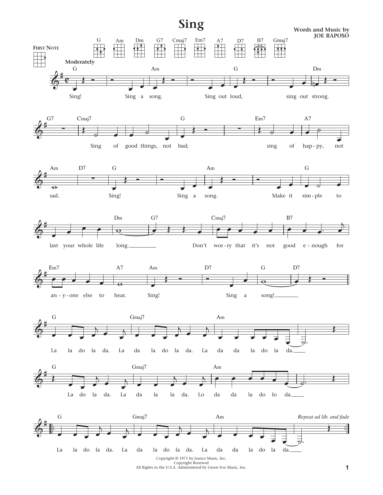Joe Raposo Sing (from The Daily Ukulele) (arr. Liz and Jim Beloff) sheet music notes and chords arranged for Ukulele