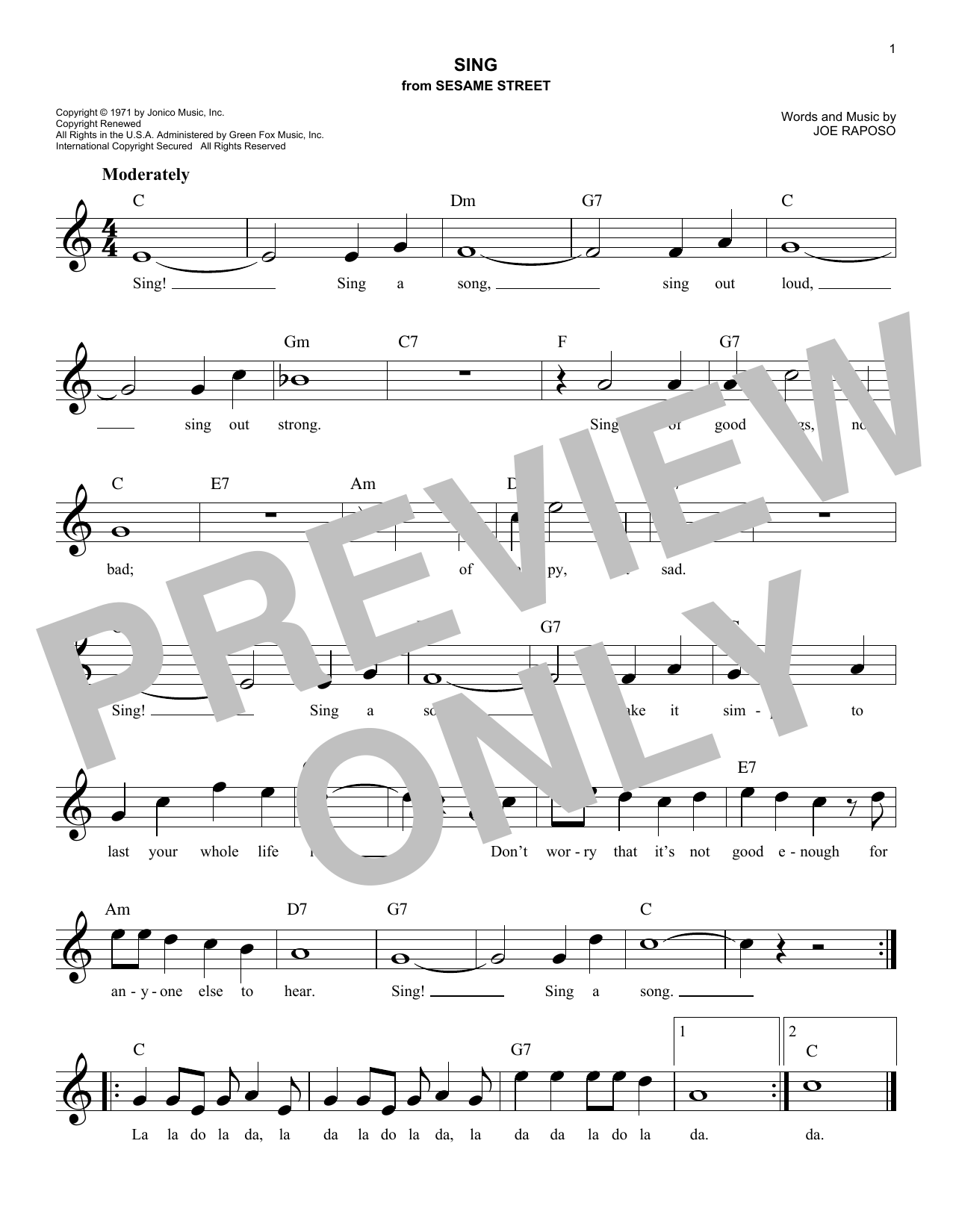 Joe Raposo Sing sheet music notes and chords arranged for Lead Sheet / Fake Book