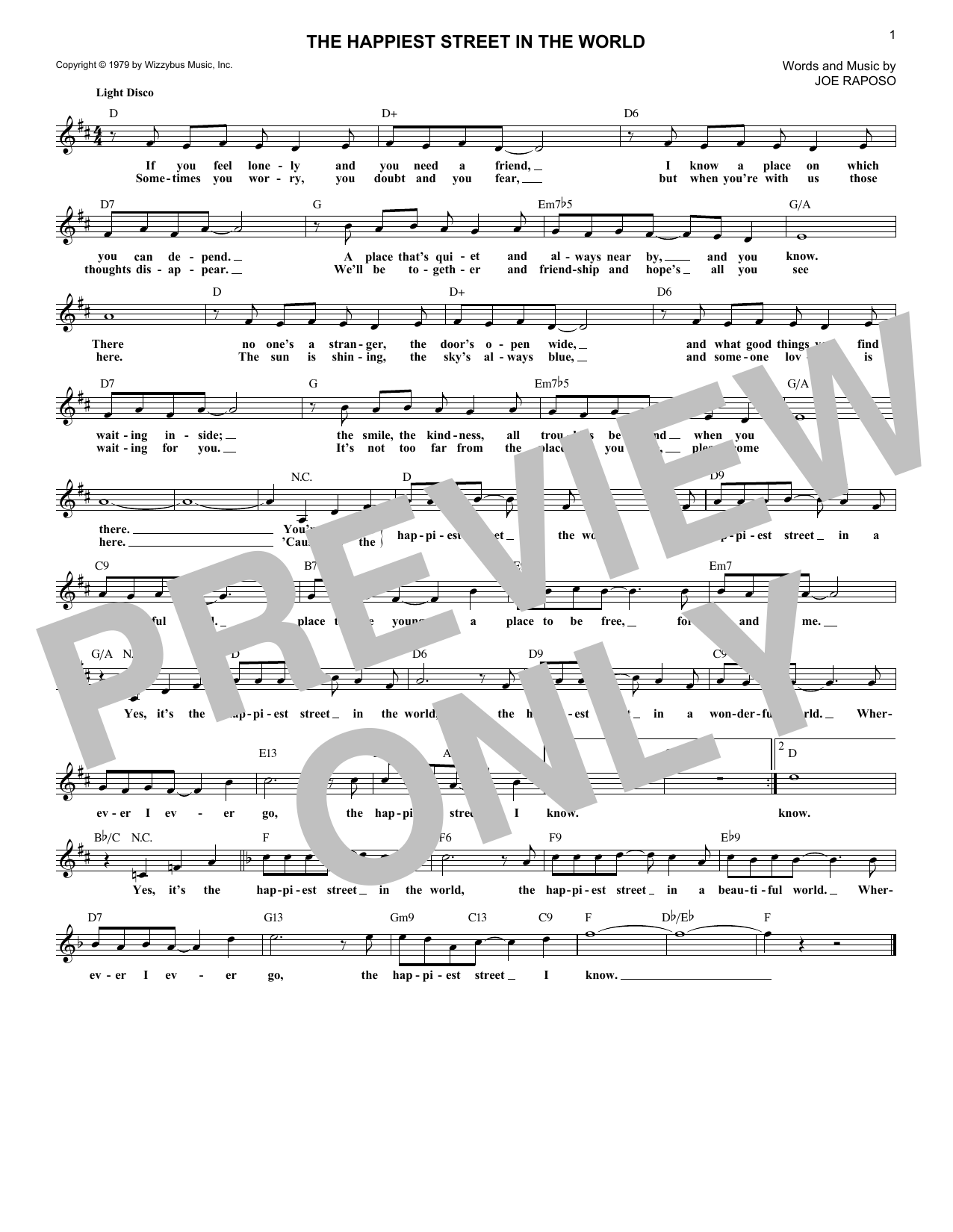 Joe Raposo The Happiest Street In The World sheet music notes and chords arranged for Lead Sheet / Fake Book