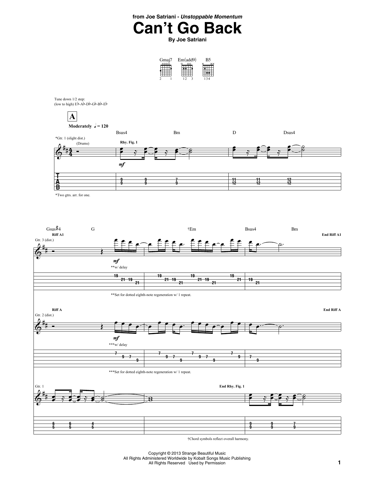Joe Satriani Can't Go Back sheet music notes and chords arranged for Guitar Tab