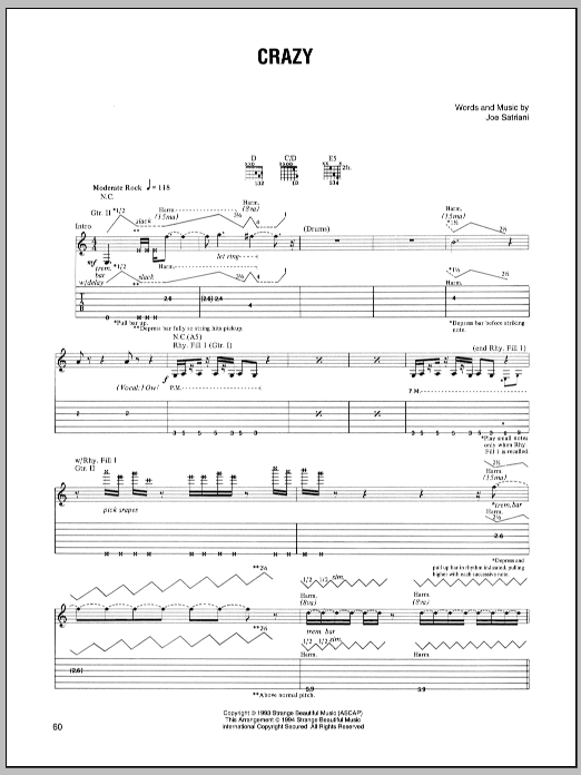 Joe Satriani Crazy sheet music notes and chords arranged for Guitar Tab