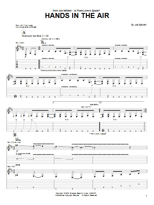 Joe Satriani Hands In The Air sheet music notes and chords arranged for Guitar Tab