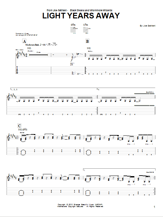 Joe Satriani Light Years Away sheet music notes and chords arranged for Guitar Tab