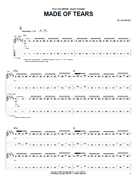 Joe Satriani Made Of Tears sheet music notes and chords arranged for Guitar Tab