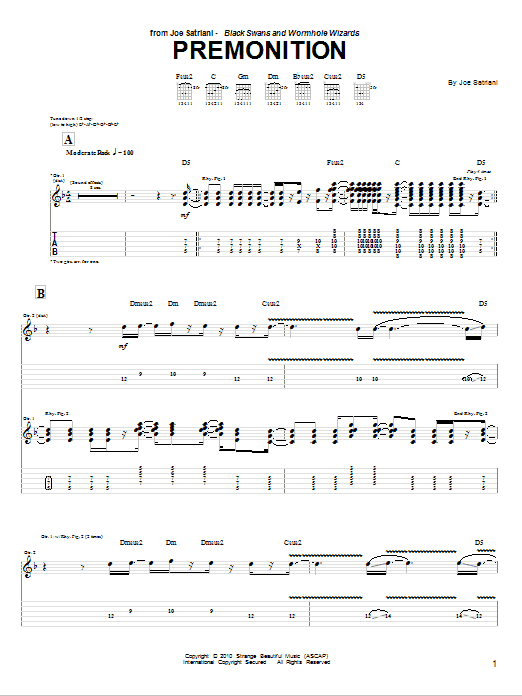 Joe Satriani Premonition sheet music notes and chords arranged for Guitar Tab