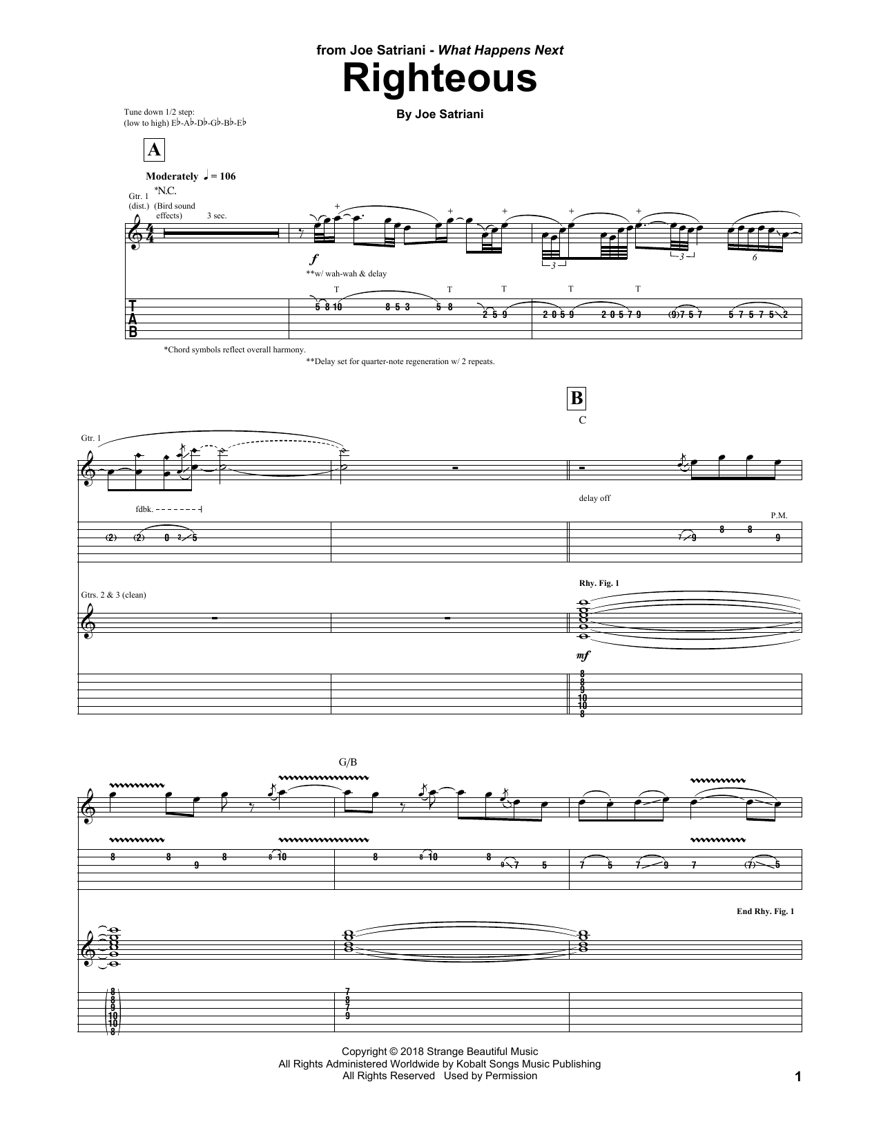 Joe Satriani Righteous sheet music notes and chords arranged for Guitar Tab