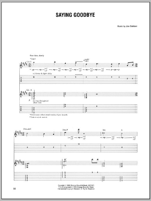 Joe Satriani Saying Goodbye sheet music notes and chords arranged for Guitar Tab