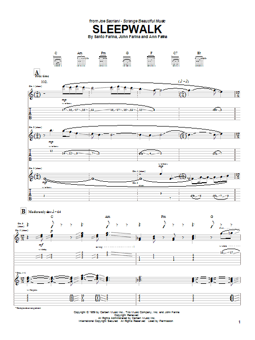 Joe Satriani Sleepwalk sheet music notes and chords arranged for Guitar Tab