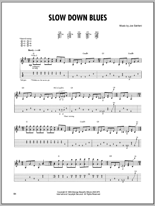 Joe Satriani Slow Down Blues sheet music notes and chords arranged for Guitar Tab