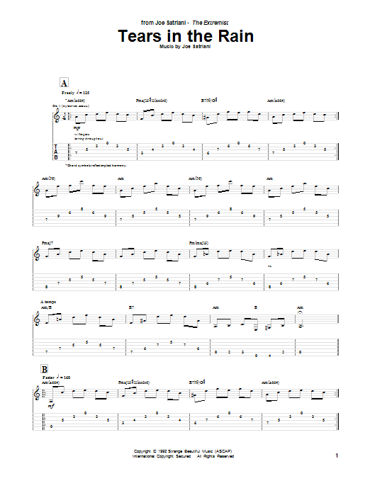 Joe Satriani Tears In The Rain sheet music notes and chords arranged for Guitar Tab