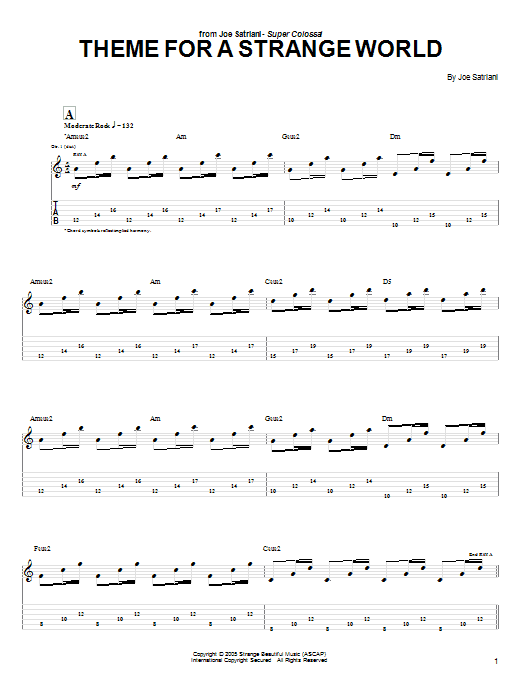Joe Satriani Theme For A Strange World sheet music notes and chords arranged for Guitar Tab