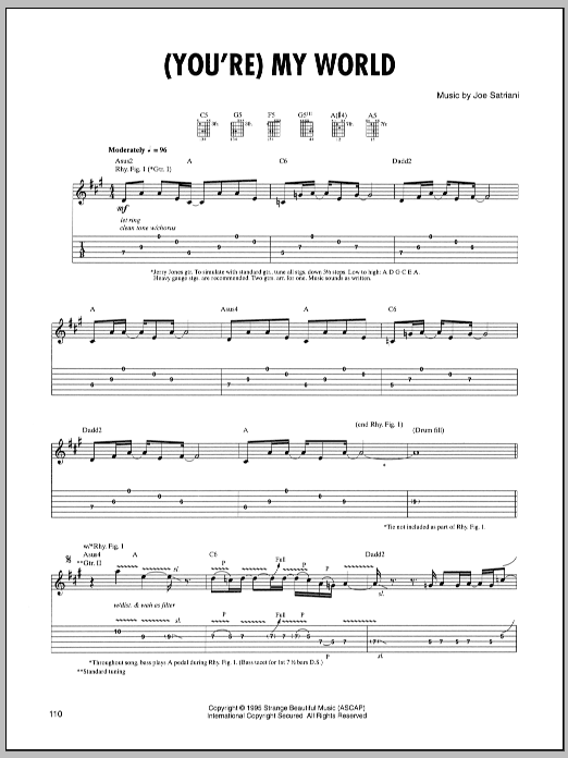 Joe Satriani (You're) My World sheet music notes and chords arranged for Guitar Tab