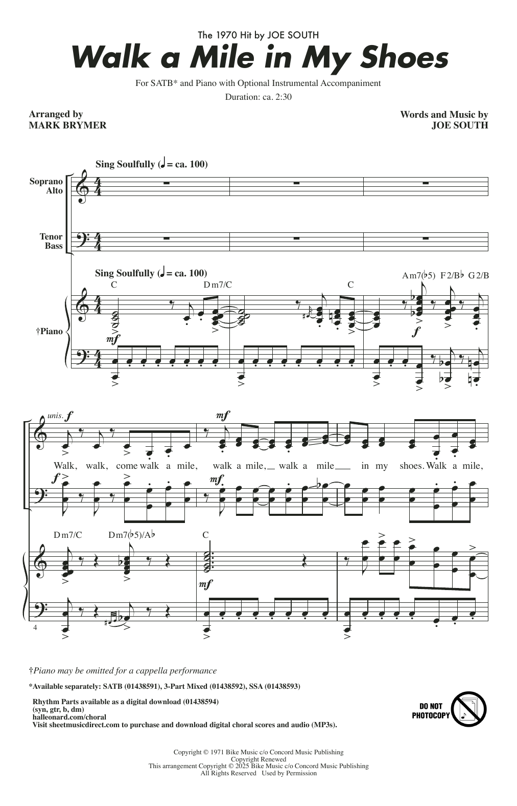 Joe South Walk A Mile In My Shoes (arr. Mark Brymer) sheet music notes and chords arranged for SSA Choir