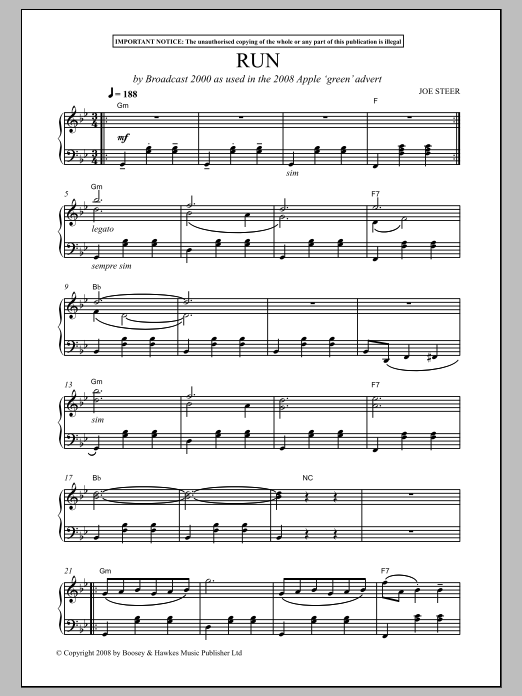 Joe Steer Run (By Broadcast 2000 As Used In The 2008 Apple 'Green' Advert) sheet music notes and chords arranged for Piano Solo