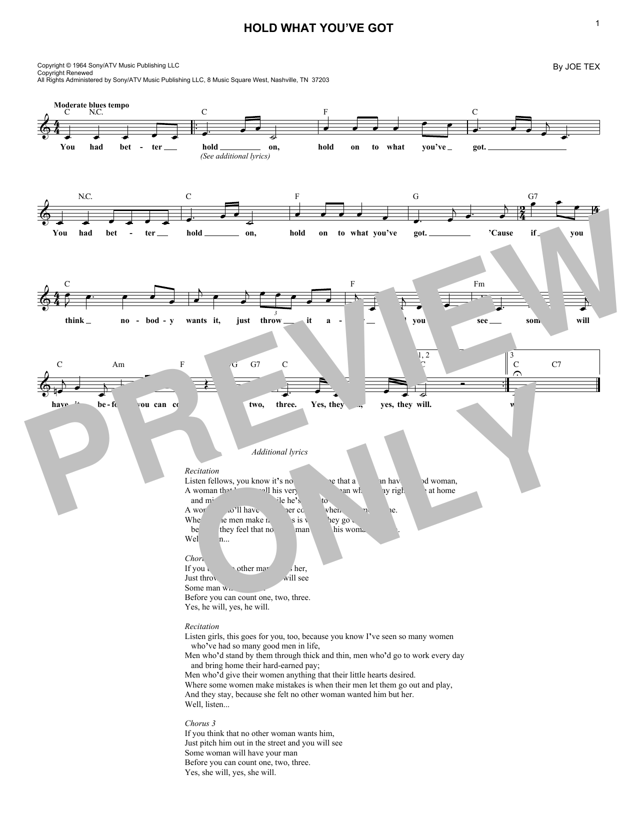 Joe Tex Hold What You've Got sheet music notes and chords arranged for Lead Sheet / Fake Book