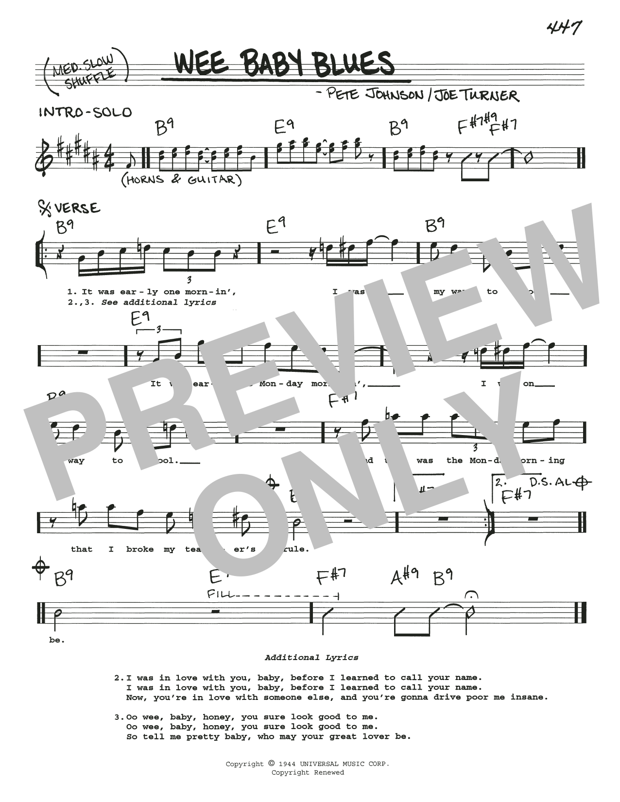 Joe Turner Wee Baby Blues sheet music notes and chords arranged for Real Book – Melody, Lyrics & Chords