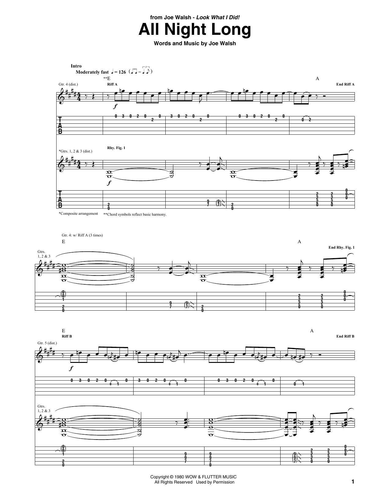 Joe Walsh All Night Long sheet music notes and chords arranged for Guitar Tab