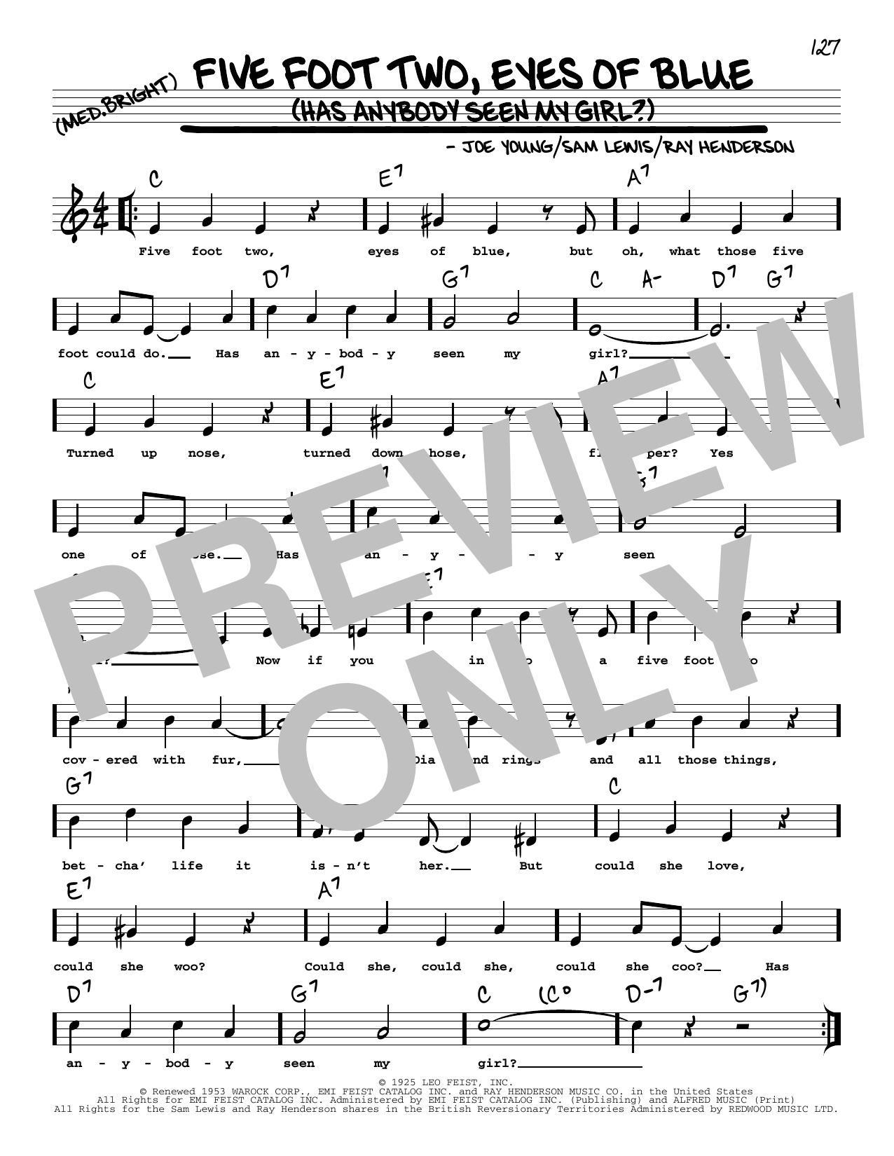 Joe Young Five Foot Two, Eyes Of Blue (Has Anybody Seen My Girl?) (arr. Robert Rawlins) sheet music notes and chords arranged for Real Book – Melody, Lyrics & Chords