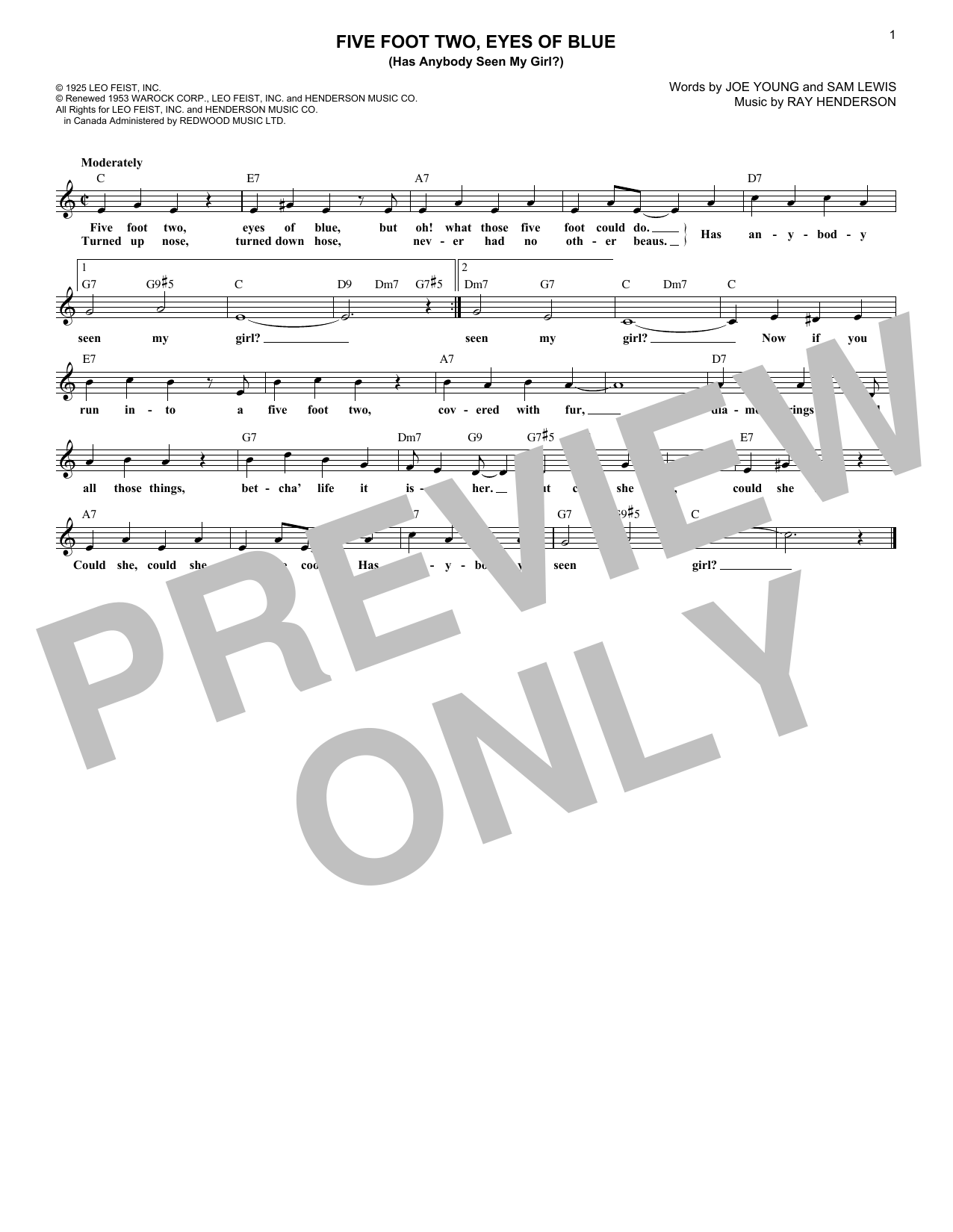 Joe Young Five Foot Two, Eyes Of Blue (Has Anybody Seen My Girl?) sheet music notes and chords arranged for Lead Sheet / Fake Book