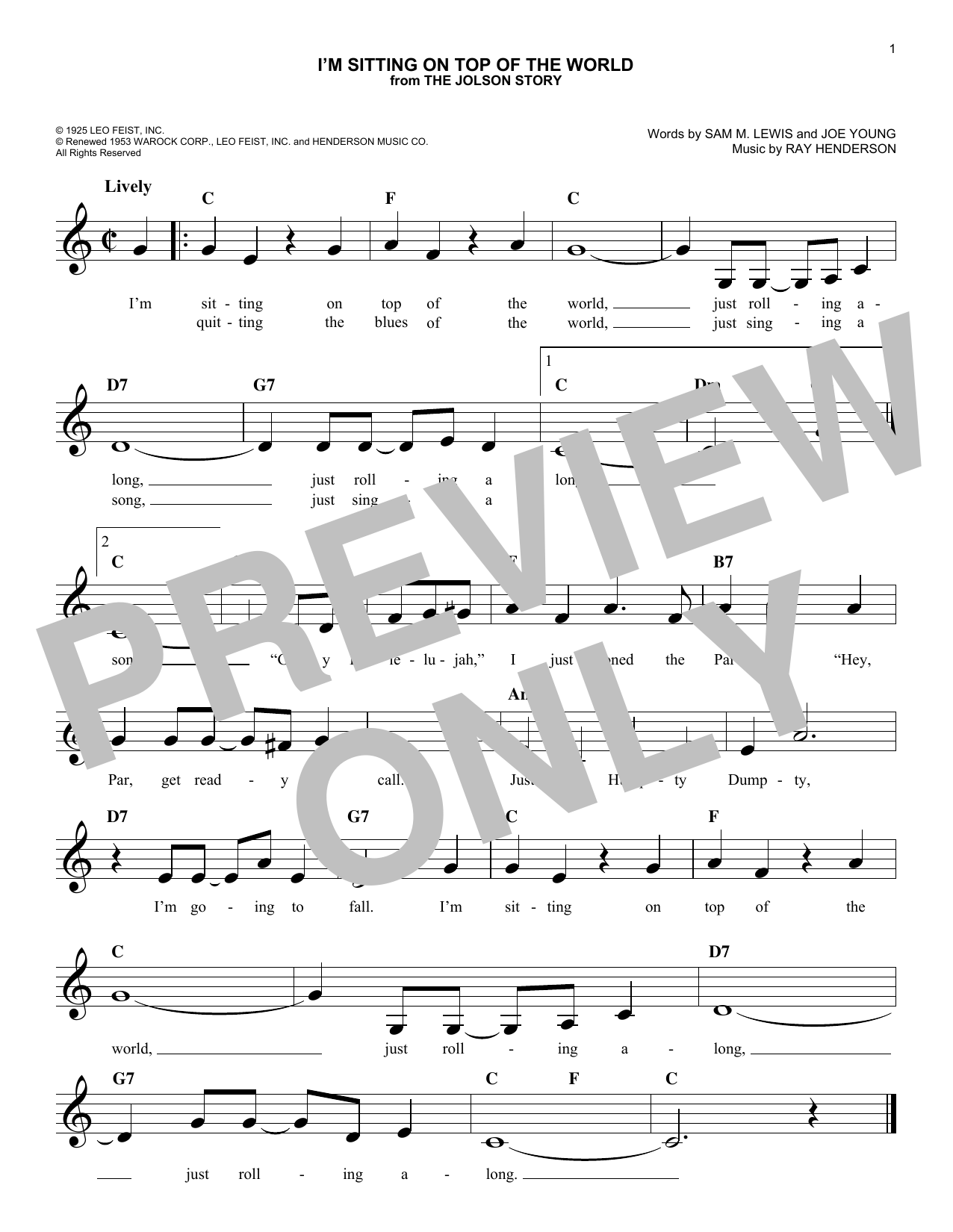 Joe Young I'm Sitting On Top Of The World sheet music notes and chords arranged for Easy Piano
