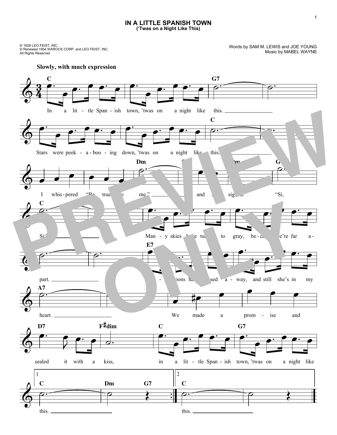 Joe Young In A Little Spanish Town ('Twas On A Night Like This) sheet music notes and chords arranged for Lead Sheet / Fake Book