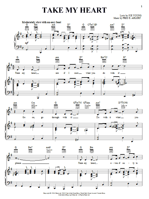 Joe Young Take My Heart sheet music notes and chords arranged for Piano, Vocal & Guitar Chords (Right-Hand Melody)
