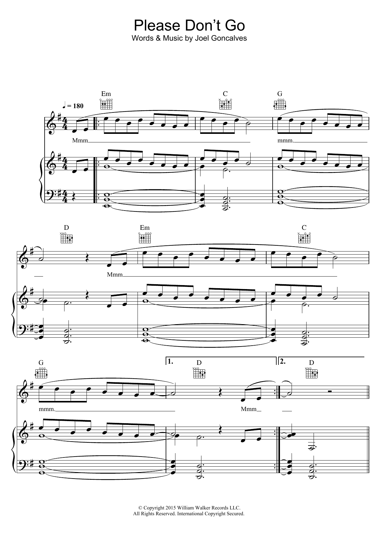 Joel Adams Please Don't Go sheet music notes and chords arranged for Piano, Vocal & Guitar Chords