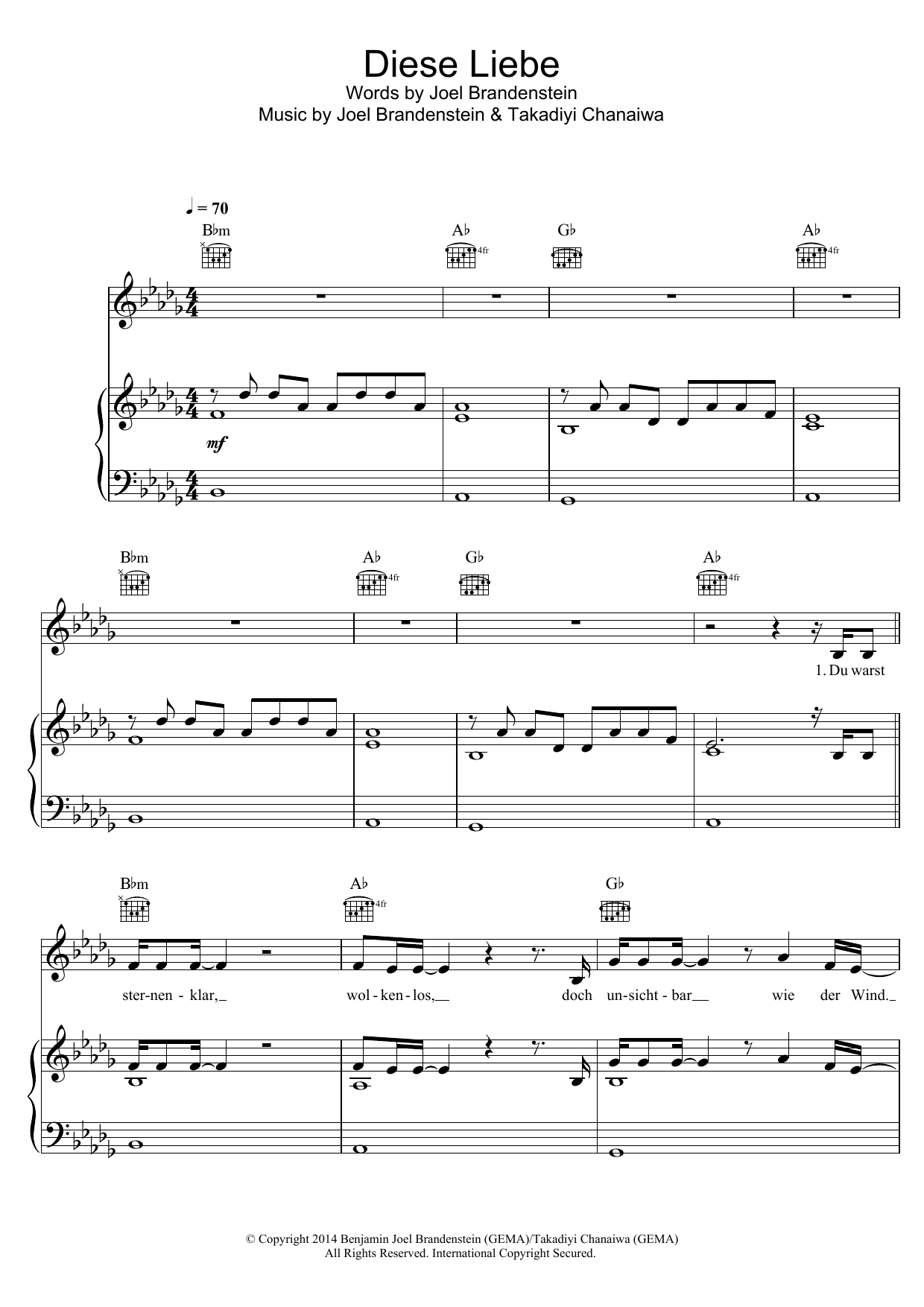 Joel Brandenstein Diese Liebe sheet music notes and chords arranged for Piano, Vocal & Guitar Chords
