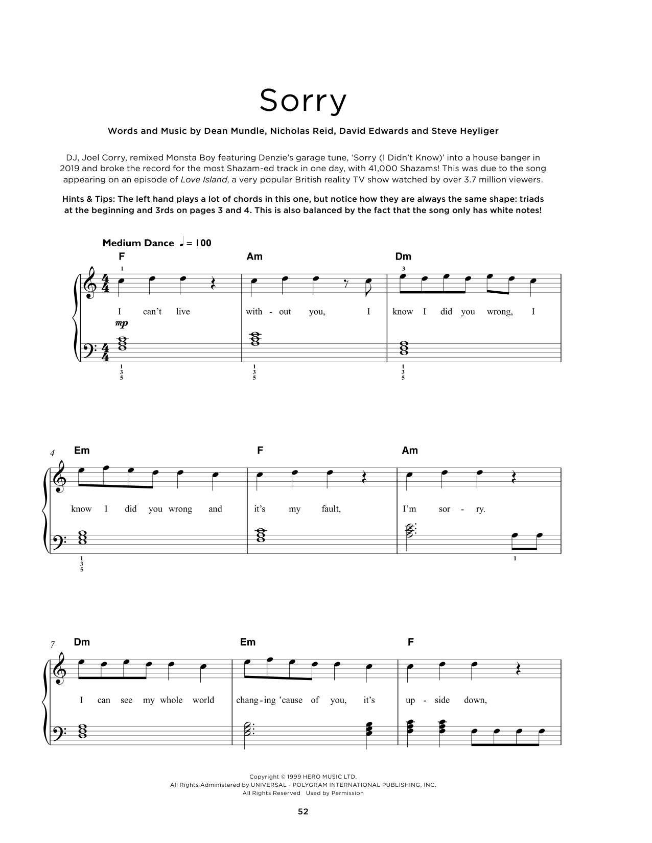 Joel Corry Sorry sheet music notes and chords arranged for Really Easy Piano