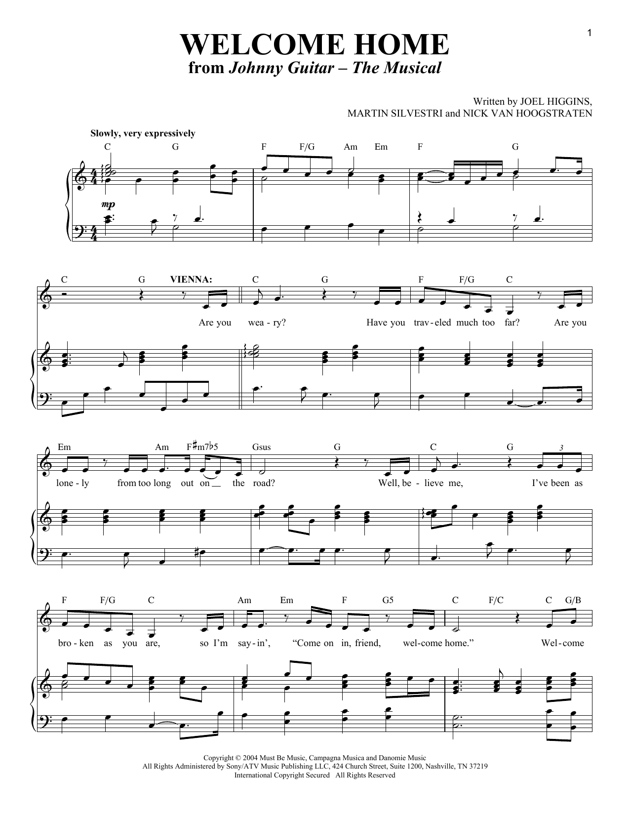 Joel Higgins, Martin Silvestri and Nick Van Hoogstraten Welcome Home (from Johnny Guitar - The Musical) sheet music notes and chords arranged for Piano & Vocal
