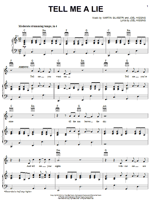 Joel Higgins Tell Me A Lie sheet music notes and chords arranged for Piano, Vocal & Guitar Chords (Right-Hand Melody)